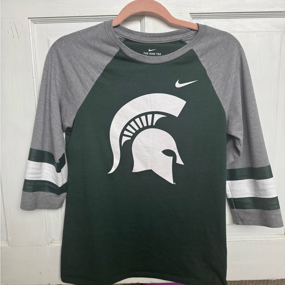 Nike Dark Green & Gray Tee MSU Michigan State Spartan Logo 3/4 Sleeve Tee